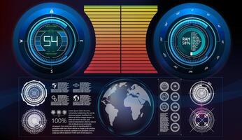Futuristic digital dashboard displaying system performance and global data metrics with vibrant graphical elements. vector