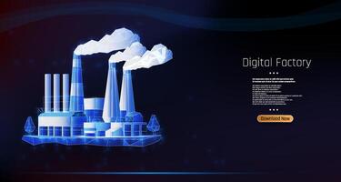 Modern digital factory with smokestacks and futuristic design showcasing innovative manufacturing technologies. vector