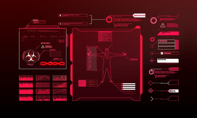 Data analysis and medical diagnostics interface showing human anatomy on a futuristic screen design.