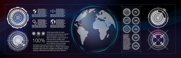 Global data visualization showcasing geographic information and metrics in a modern digital interface with a dark background. vector