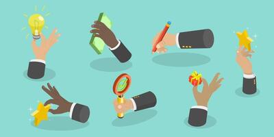 3D Isometric Flat Conceptual Illustration of Hand Gesture Set, Human Hands Holding Different Objects vector