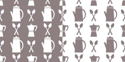 Seamless pattern with kitchen utensils. Background with coffee makers, teapots and spoons. Monochrome print. vector