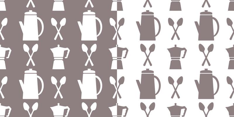 Seamless pattern with kitchen utensils. Background with coffee makers, teapots and spoons. Monochrome print.