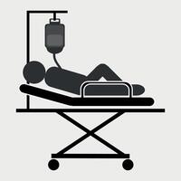 black and white icon of hospital bed with IV drip on white background vector