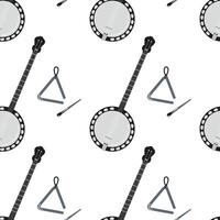 Musical instruments pattern featuring banjo, triangle, and mallets on plain background vector