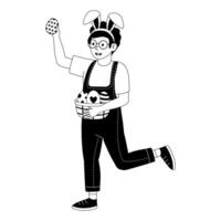 Person in bunny ears holds cookie while running during a festive gathering vector