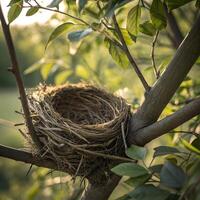 A bird's nest is sitting on a tree branch photo