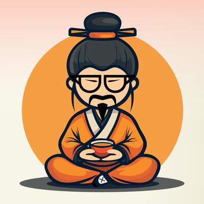 seated stylized chinese monk in national chinese clothes and hat with cup of tea