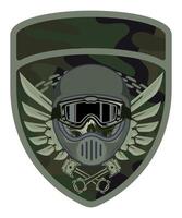sleeve military green camouflage chevron military driver with skull in racing helmet and pistons from engine on white background vector