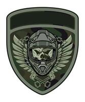 sleeve military green camouflage chevron military driver with skull in military cap and with pistons from engine on white background vector