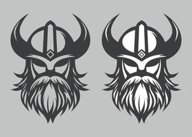 black and white icon of viking face in helmet with horns isolated on grey background vector