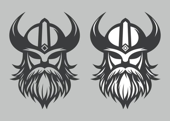 black and white icon of viking face in helmet with horns isolated on grey background