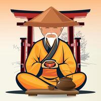 seated chinese tea master in national yellow chinese clothes and hat with cup of tea in front of table against background of gate vector