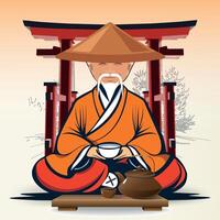 seated chinese tea master in national chinese clothes and hat with cup in front of table against background of gate vector
