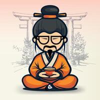 sitting buddhist chinese monk in national chinese clothes and hat with cup of tea in front of table against background of gate vector