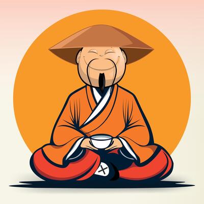 buddhist chinese monk in national clothes and hat with cup of tea