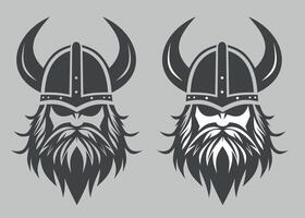 black and white icon of viking face in helmet with horns on grey background vector