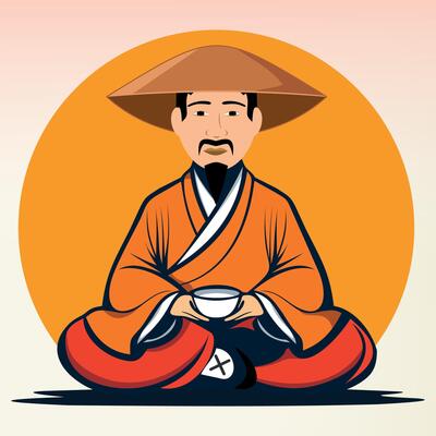 sitting buddhist chinese monk in national clothes and hat with cup of tea