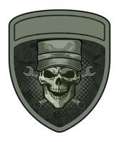 sleeve military army green camouflage chevron military driver with skull in military cap and with wrenches on white background vector