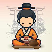 seated chinese tea master in national chinese clothes and hat with cup of tea in front of table against background of gate vector