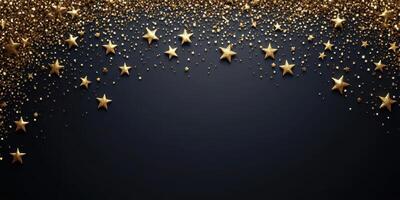 Gold stars and glitter scattered on a dark background create a festive atmosphere perfect for celebrations and parties photo