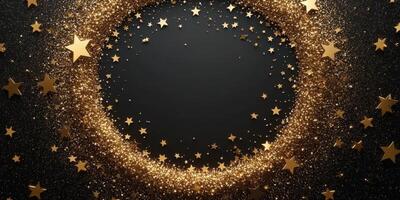 Bright golden stars and glimmering glitter create a festive circular pattern on a dark background for celebratory occasions photo
