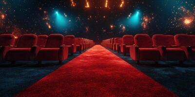 Cozy red chairs line a vibrant cinema with a starry backdrop for an immersive movie experience photo
