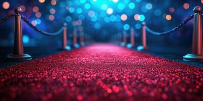 Red carpet leading to a glamorous event with blue bokeh lights illuminating the background photo