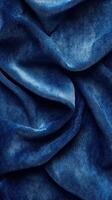 Detailed texture of crumpled blue fabric captured in natural light showcasing intricate folds and shades photo