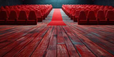 Elegant red cinema interior with plush seating and a central red carpet leading to a stage photo