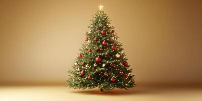Festive Christmas tree adorned with red and gold ornaments on a warm, neutral background photo