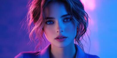 Young woman with striking features illuminated by colorful lights posing in a close-up portrait photo