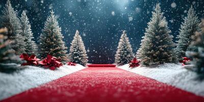 Snowy winter pathway lined with festive trees and decorations creates a magical holiday atmosphere photo