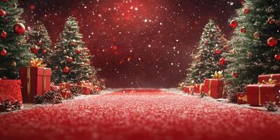 Festive winter wonderland with snow, Christmas trees, gifts, and decorative ornaments set in a cozy atmosphere photo
