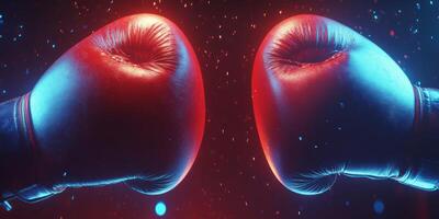 Colorful boxing gloves clash in a dynamic display of competitive spirit at a sports event photo