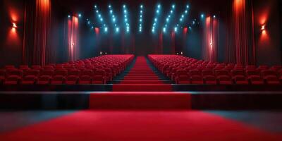 Red carpet leading to empty theater seating illuminated by bright stage lights in a lively ambiance photo