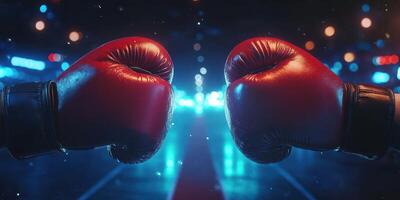 Intense boxing gloves sparring in a vibrant arena with neon lights during a competitive match photo