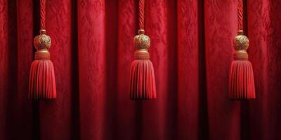 Luxurious red curtain with elegant tassels enhancing the ambiance of a grand theater interior photo