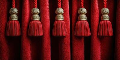 Decorative red tassels hang gracefully from rich velvet curtains in an elegant setting for an upcoming performance photo