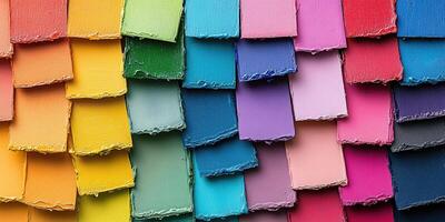 Colorful paint swatches arranged in a visually appealing pattern showcasing a spectrum of hues and tones photo