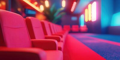 Modern waiting area with red chairs and vibrant neon lights invites relaxation in a stylish atmosphere photo