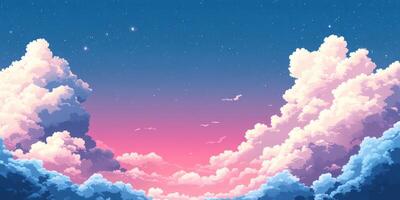 Vibrant sunset skies with fluffy clouds and twinkling stars over a tranquil landscape photo