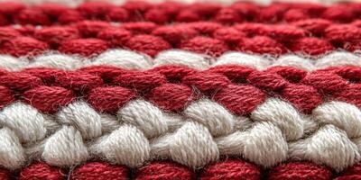 Texture of woven red and white fabric close-up revealing intricate patterns and craftsmanship photo
