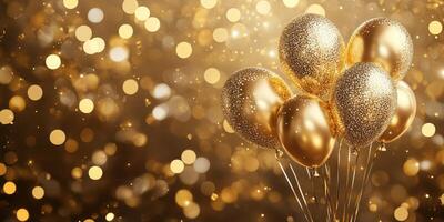 Golden balloons glimmering against a sparkling backdrop create a festive atmosphere for celebrations and special occasions photo