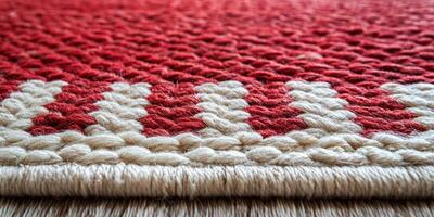 Intricate red and white woven rug displaying traditional craftsmanship in natural light indoors photo