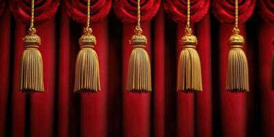 Elegant red curtains adorned with golden tassels creating a rich theatrical atmosphere photo
