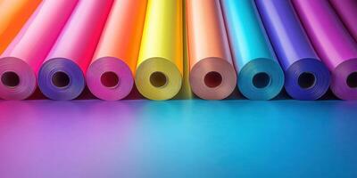 Vibrant rolls of colorful paper arranged in a creative display on a blue background photo