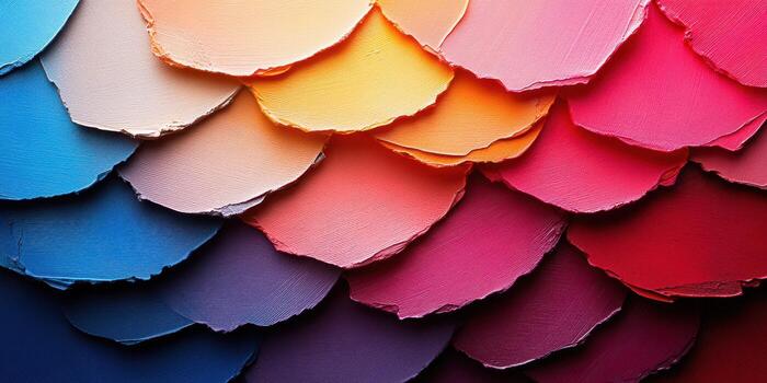 Vibrant layers of painted textures in hues of blue, orange, and pink create a striking visual at an art studio photo