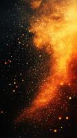 Vibrant cosmic dust swirling in golden hues against a dark background creating a dynamic, ethereal atmosphere photo