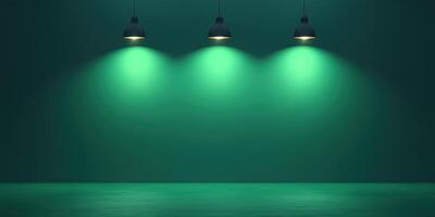 Green illuminated space with three pendant lights creating a calm atmosphere for artistic expression or events photo